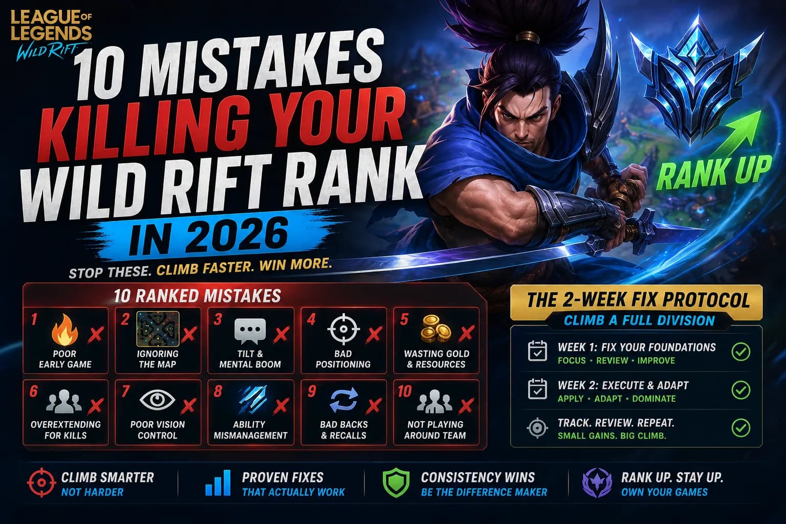 Wild Rift infographic listing 10 ranked mistakes and a 2-week fix protocol, featuring Yasuo holding his sword.